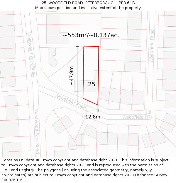 25, WOODFIELD ROAD, PETERBOROUGH, PE3 6HD: Plot and title map