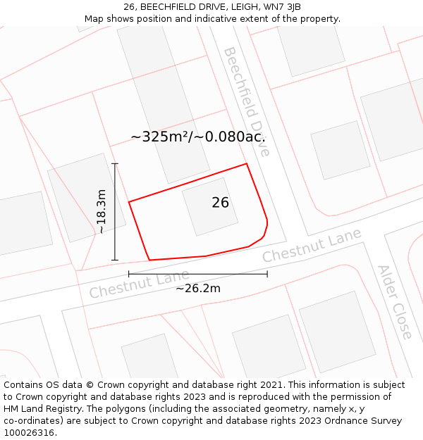 26, BEECHFIELD DRIVE, LEIGH, WN7 3JB: Plot and title map