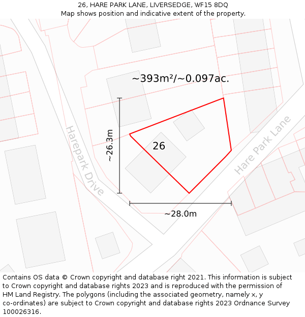 26, HARE PARK LANE, LIVERSEDGE, WF15 8DQ: Plot and title map