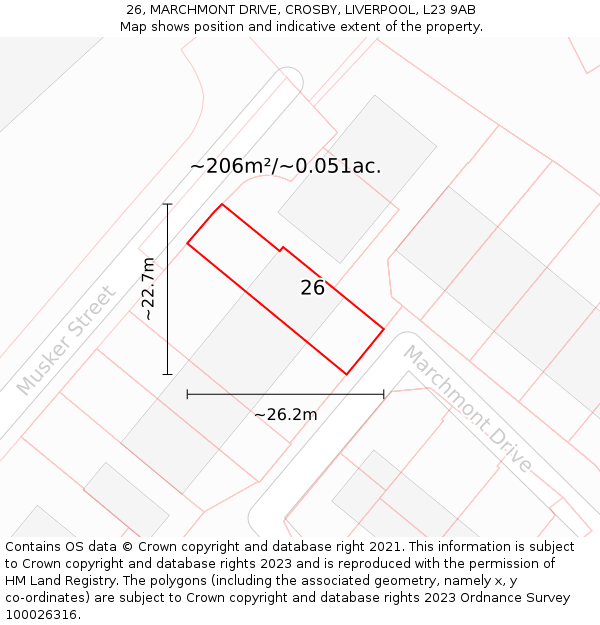 26, MARCHMONT DRIVE, CROSBY, LIVERPOOL, L23 9AB: Plot and title map