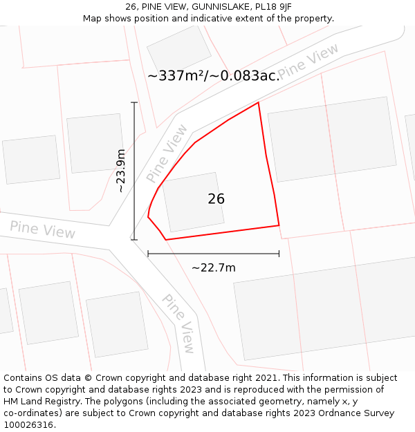 26, PINE VIEW, GUNNISLAKE, PL18 9JF: Plot and title map