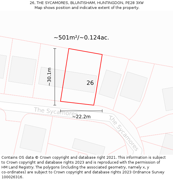 26, THE SYCAMORES, BLUNTISHAM, HUNTINGDON, PE28 3XW: Plot and title map