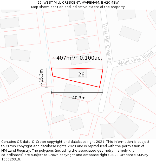 26, WEST MILL CRESCENT, WAREHAM, BH20 4BW: Plot and title map