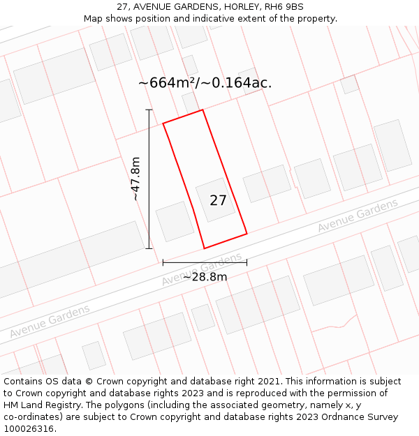 27, AVENUE GARDENS, HORLEY, RH6 9BS: Plot and title map