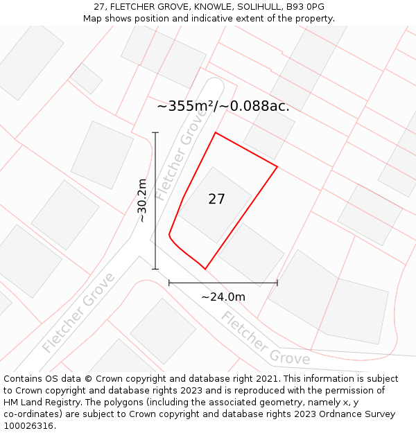 27, FLETCHER GROVE, KNOWLE, SOLIHULL, B93 0PG: Plot and title map