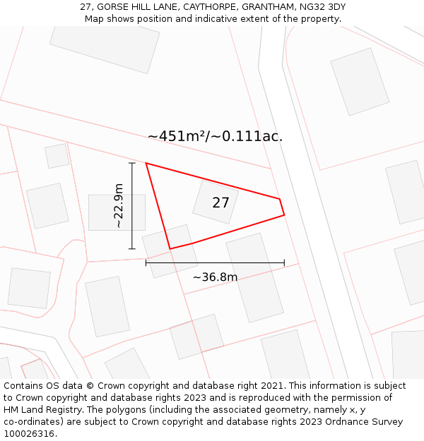 27, GORSE HILL LANE, CAYTHORPE, GRANTHAM, NG32 3DY: Plot and title map