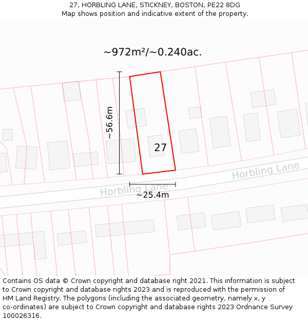 27, HORBLING LANE, STICKNEY, BOSTON, PE22 8DG: Plot and title map