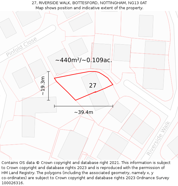 27, RIVERSIDE WALK, BOTTESFORD, NOTTINGHAM, NG13 0AT: Plot and title map