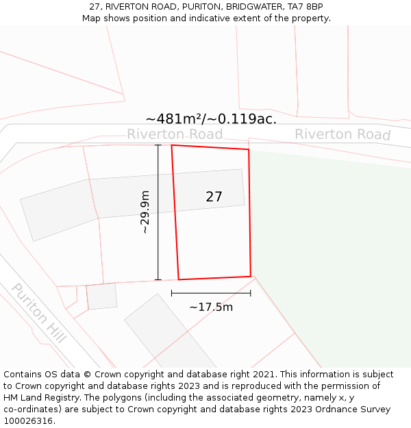 27, RIVERTON ROAD, PURITON, BRIDGWATER, TA7 8BP: Plot and title map