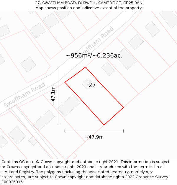 27, SWAFFHAM ROAD, BURWELL, CAMBRIDGE, CB25 0AN: Plot and title map