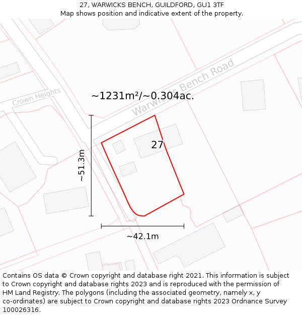 27, WARWICKS BENCH, GUILDFORD, GU1 3TF: Plot and title map