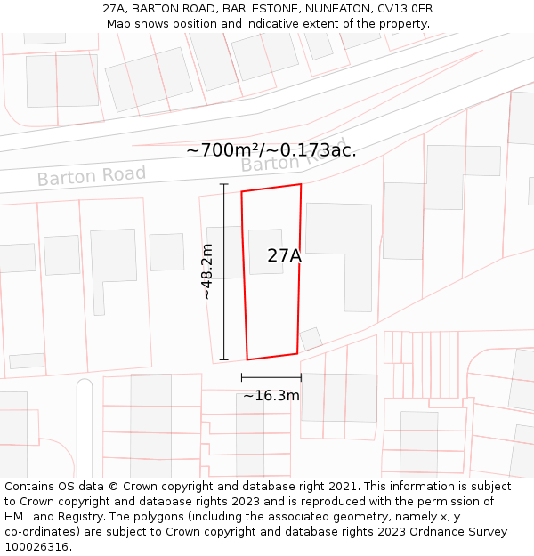 27A, BARTON ROAD, BARLESTONE, NUNEATON, CV13 0ER: Plot and title map