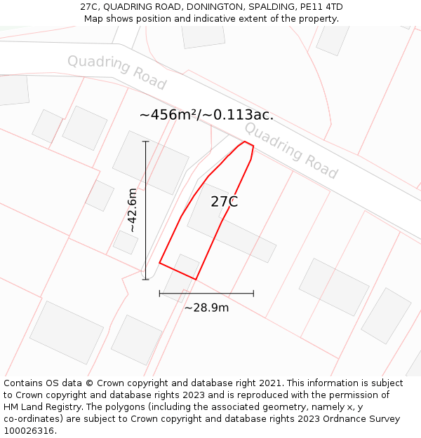 27C, QUADRING ROAD, DONINGTON, SPALDING, PE11 4TD: Plot and title map