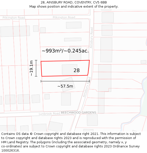 28, AINSBURY ROAD, COVENTRY, CV5 6BB: Plot and title map