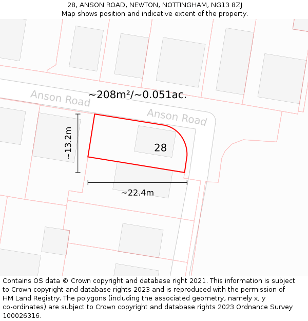 28, ANSON ROAD, NEWTON, NOTTINGHAM, NG13 8ZJ: Plot and title map