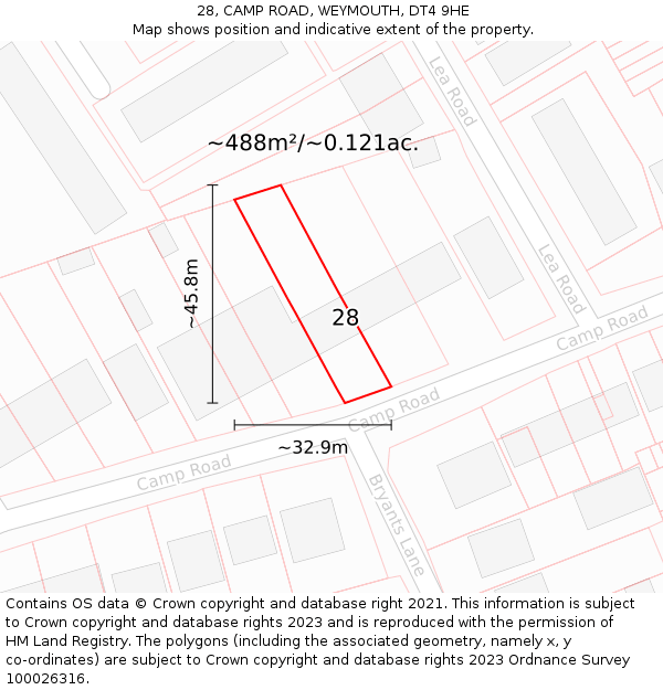 28, CAMP ROAD, WEYMOUTH, DT4 9HE: Plot and title map