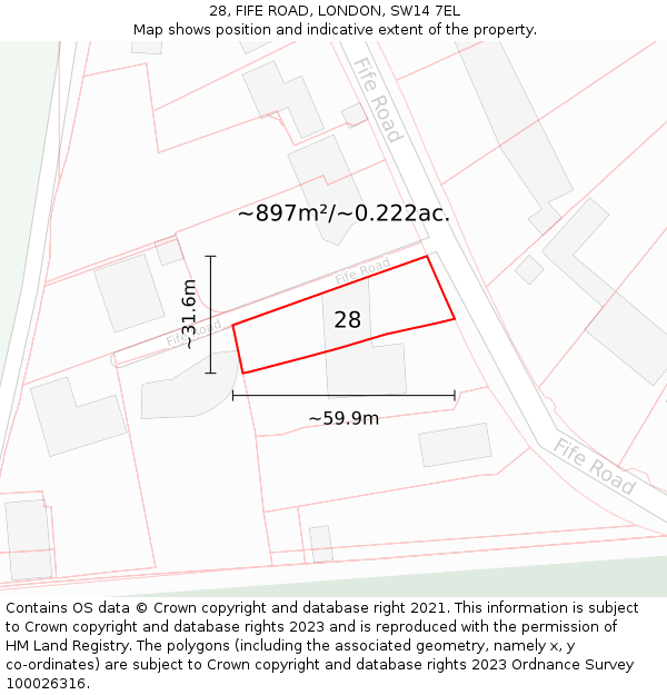 28, FIFE ROAD, LONDON, SW14 7EL: Plot and title map