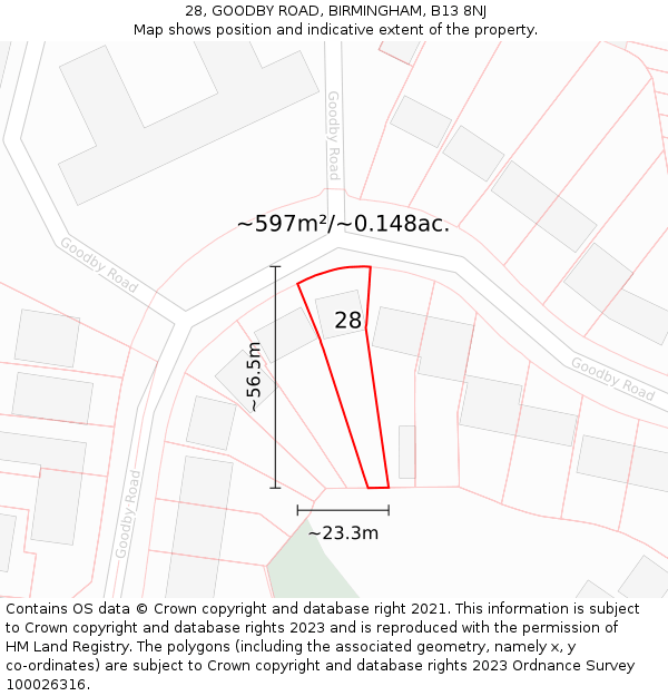 28, GOODBY ROAD, BIRMINGHAM, B13 8NJ: Plot and title map