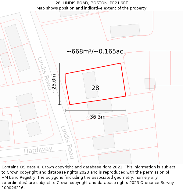 28, LINDIS ROAD, BOSTON, PE21 9RT: Plot and title map