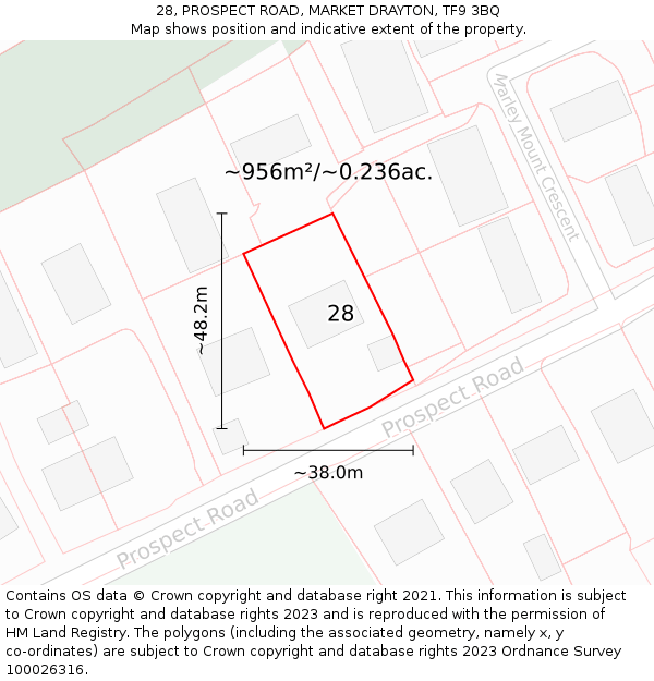 28, PROSPECT ROAD, MARKET DRAYTON, TF9 3BQ: Plot and title map