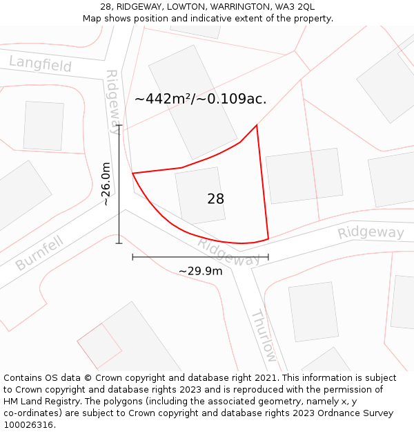 28, RIDGEWAY, LOWTON, WARRINGTON, WA3 2QL: Plot and title map