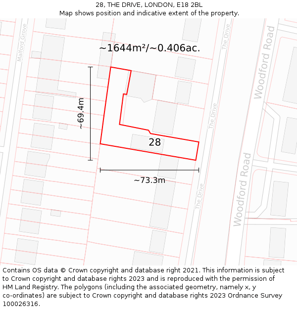 28, THE DRIVE, LONDON, E18 2BL: Plot and title map