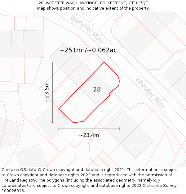 28, WEBSTER WAY, HAWKINGE, FOLKESTONE, CT18 7QG: Plot and title map