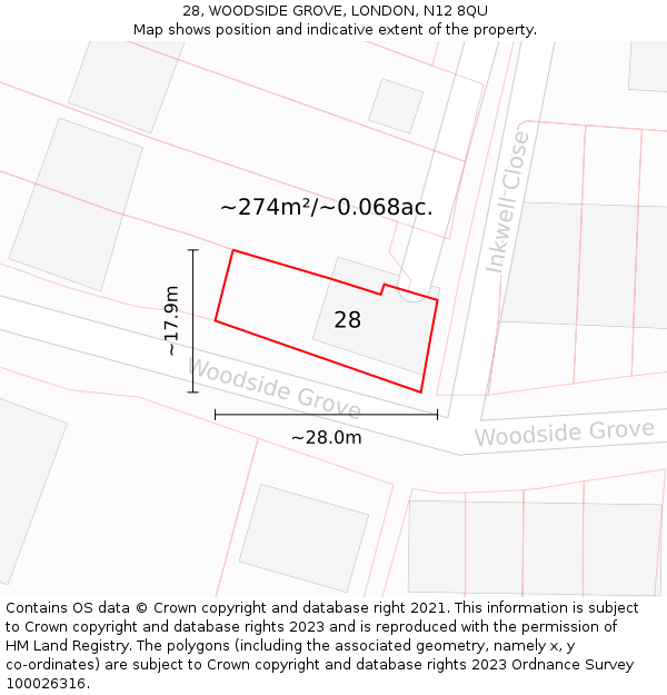 28, WOODSIDE GROVE, LONDON, N12 8QU: Plot and title map