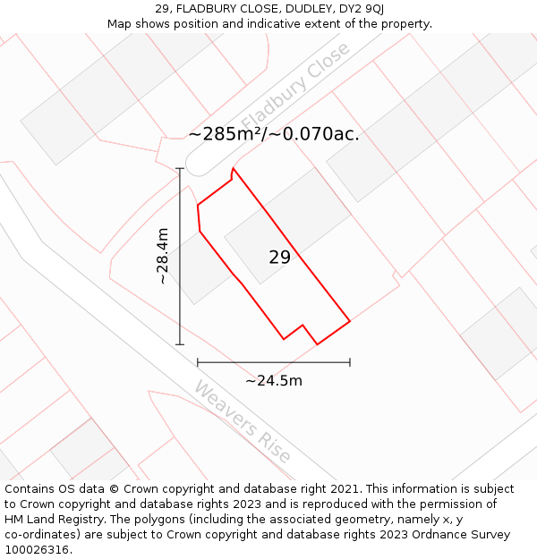 29, FLADBURY CLOSE, DUDLEY, DY2 9QJ: Plot and title map