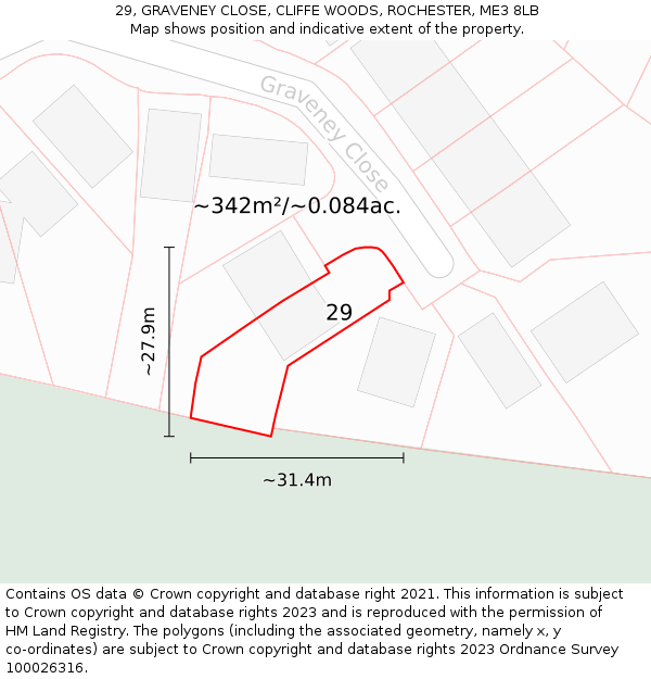 29, GRAVENEY CLOSE, CLIFFE WOODS, ROCHESTER, ME3 8LB: Plot and title map