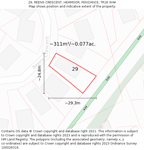 29, REENS CRESCENT, HEAMOOR, PENZANCE, TR18 3HW: Plot and title map