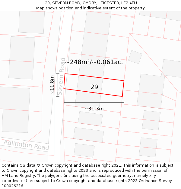 29, SEVERN ROAD, OADBY, LEICESTER, LE2 4FU: Plot and title map