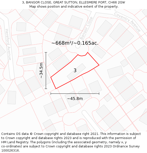 3, BANGOR CLOSE, GREAT SUTTON, ELLESMERE PORT, CH66 2GW: Plot and title map