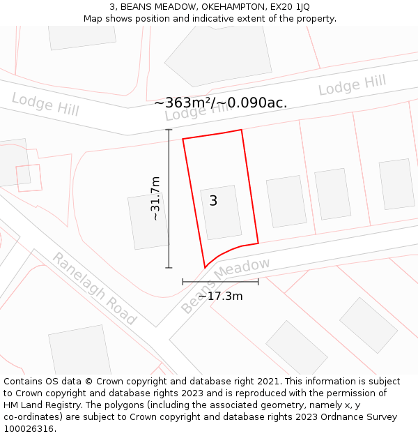 3, BEANS MEADOW, OKEHAMPTON, EX20 1JQ: Plot and title map