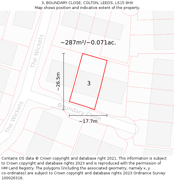 3, BOUNDARY CLOSE, COLTON, LEEDS, LS15 9HX: Plot and title map