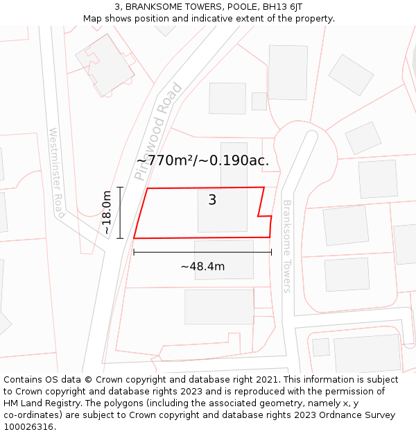 3, BRANKSOME TOWERS, POOLE, BH13 6JT: Plot and title map