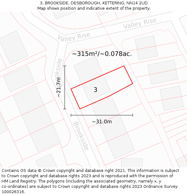 3, BROOKSIDE, DESBOROUGH, KETTERING, NN14 2UD: Plot and title map