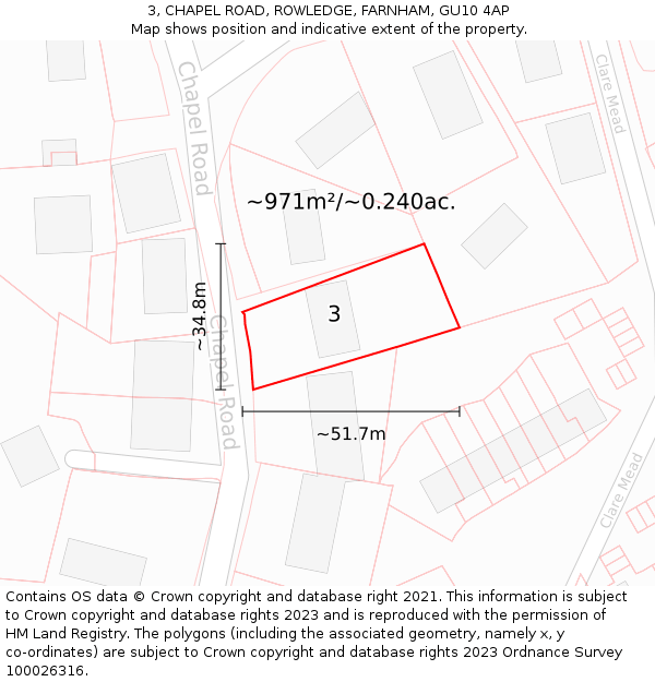 3, CHAPEL ROAD, ROWLEDGE, FARNHAM, GU10 4AP: Plot and title map