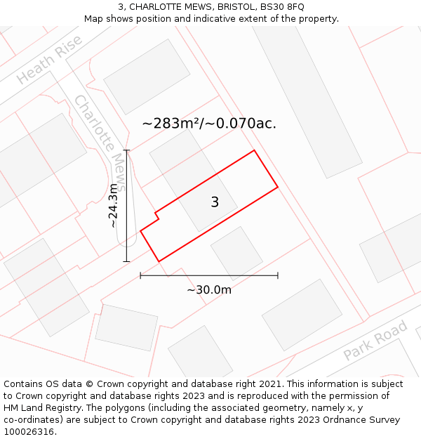 3, CHARLOTTE MEWS, BRISTOL, BS30 8FQ: Plot and title map