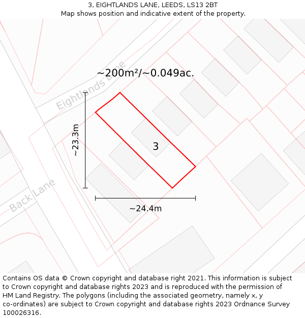 3, EIGHTLANDS LANE, LEEDS, LS13 2BT: Plot and title map