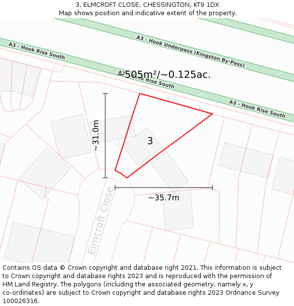 3, ELMCROFT CLOSE, CHESSINGTON, KT9 1DX: Plot and title map