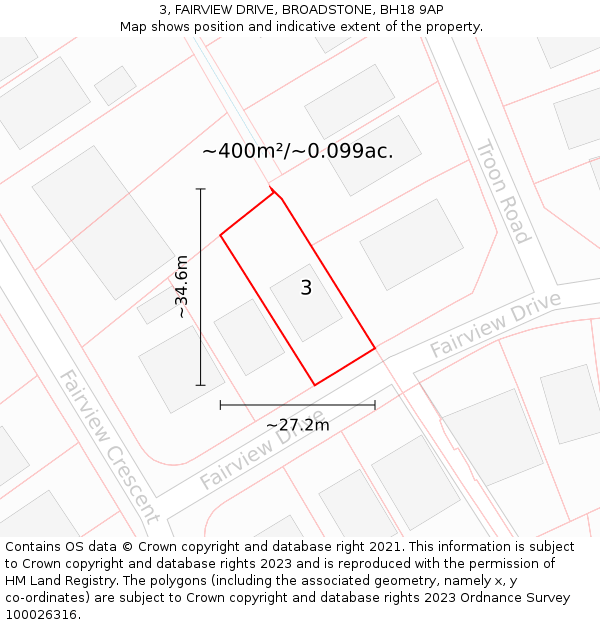 3, FAIRVIEW DRIVE, BROADSTONE, BH18 9AP: Plot and title map