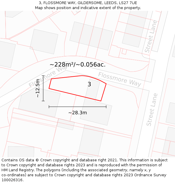 3, FLOSSMORE WAY, GILDERSOME, LEEDS, LS27 7UE: Plot and title map