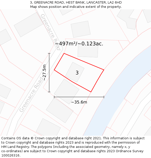 3, GREENACRE ROAD, HEST BANK, LANCASTER, LA2 6HD: Plot and title map