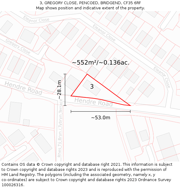 3, GREGORY CLOSE, PENCOED, BRIDGEND, CF35 6RF: Plot and title map