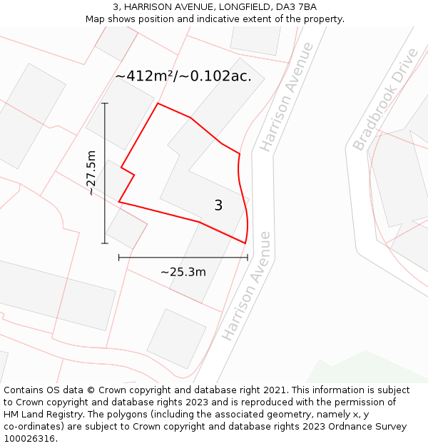 3, HARRISON AVENUE, LONGFIELD, DA3 7BA: Plot and title map