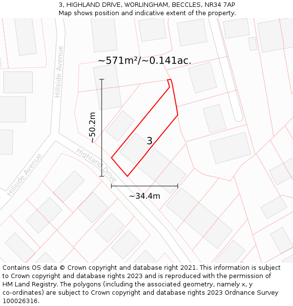 3, HIGHLAND DRIVE, WORLINGHAM, BECCLES, NR34 7AP: Plot and title map