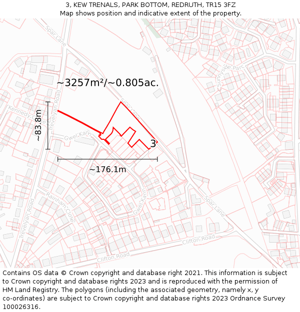 3, KEW TRENALS, PARK BOTTOM, REDRUTH, TR15 3FZ: Plot and title map