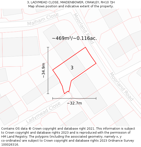 3, LADYMEAD CLOSE, MAIDENBOWER, CRAWLEY, RH10 7JH: Plot and title map