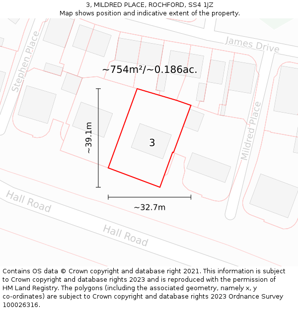 3, MILDRED PLACE, ROCHFORD, SS4 1JZ: Plot and title map